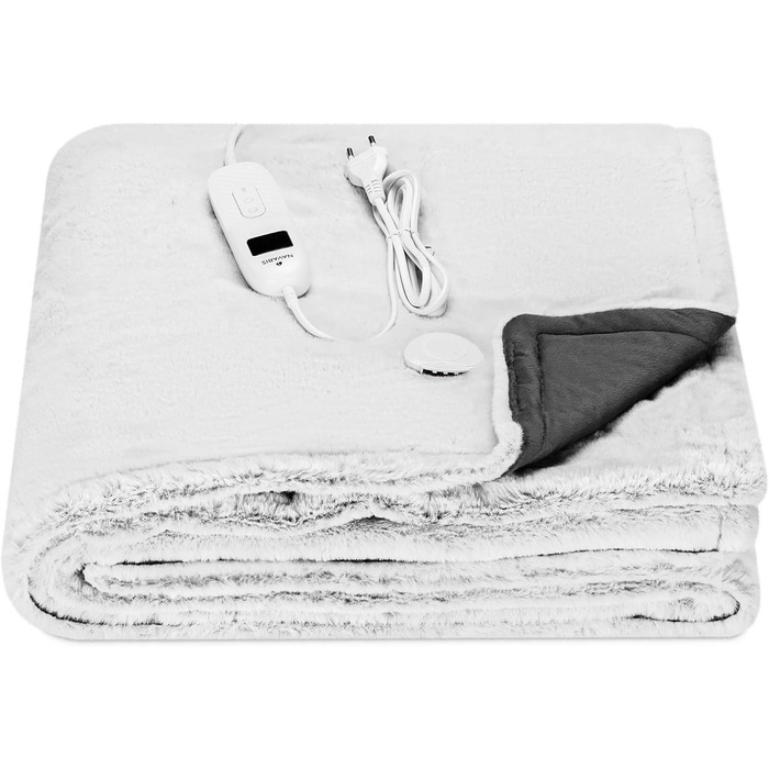 Електрична ковдра Navaris XXL з підігрівом 180x130 см, 3 режими, автовимкнення, пральна, м'яка, темно-сіра (сіра/біле штучне хутро)
