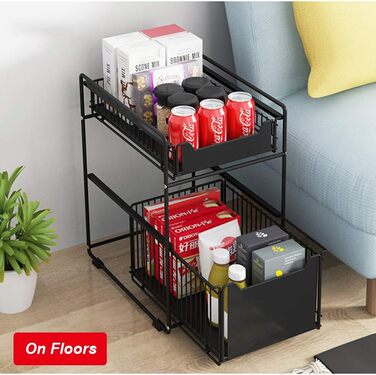 Under-Cabinet Organizer with 2 Tiers, Adjustable Height, with Wooden Handle, Pull-Out Metal Basket for Kitchen and Bathroom (Black)