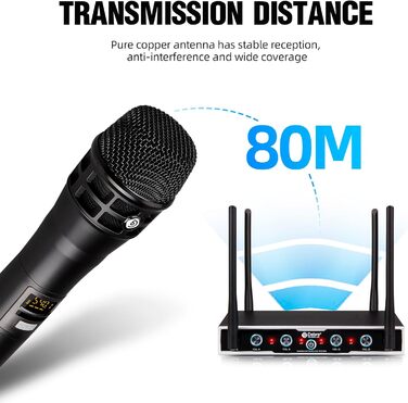 Debra 4-канальний UHF мікрофонний набір з 16 частотами | Дальність дії 80м, 4x Bodypack + Headset/Lavalier | Якість студійної звукозапису для співу, караоке та конференцій (2HD2LR2HT)