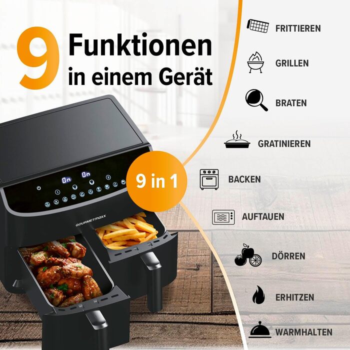 Gourmetmaxx Double Chamber Air Fryer 2x 3.5L - Black | Air Fryer + synchronized cooking zones, timer function & touch display | energy-saving frying | 10 programs | 2400 W Matte Black 2x 3.5 Liters