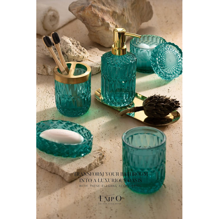 EMPO 6-Piece Bathroom Accessory Set in Clear Glass (Lotion-Soap Dispenser, Soap Dish, Toothbrush Holder, Cup, Cotton Swab Holder), Modern Decoration, Crystal Vintage Gift (Oceanwave)