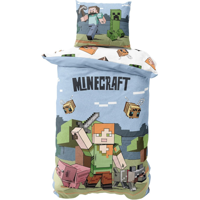Комплект постільної білизни 135x200, Addams, Minecraft: комплект подушок 80x80 + простирадло 135x200, мікрофібра, для дітей та підлітків