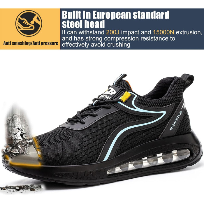 Черевики робочі чоловічі та жіночі S3 з металевим підноском, легкі, антиковзаючі, дихаючі, спортивні, чорно-сині, 42 EU