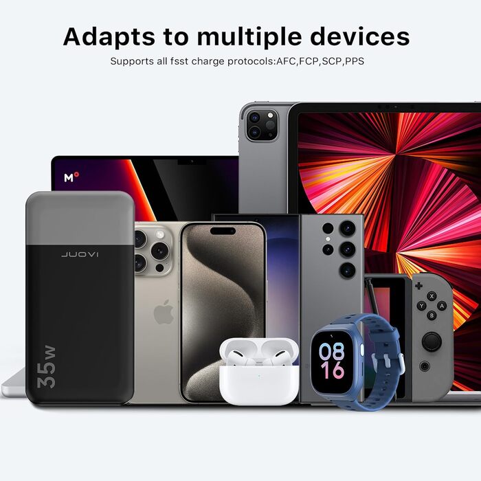 Power Bank JUOVI 10000mAh, 35W: Швидка зарядка, 3 виходи, 2 входи, PD3.0, QC 4.0, цифровий дисплей, чорний