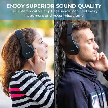 PowerLocus Бездротові навушники Over-Ear з Bluetooth, Hi-Fi стерео, FM радіо, Micro SD/TF, мікрофон, для iPhone/Android/Tablet/Laptop (Чорний/Синій)