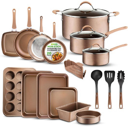 NutriChef 20-Piece Cookware Set - Non-Stick / Induction Pots & Pans Set / PFOA/PFOS-Free / Includes Frying Pans, Pots, Round Cake Pan, Loaf Pan, Roasting Pan, Muffin Tin - Shiny Gold