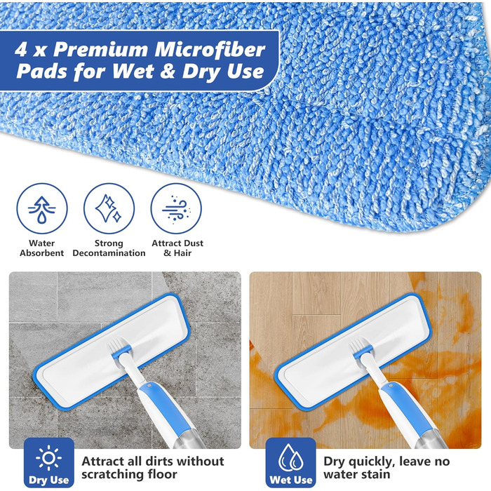 Швабра з розпилювачем MANGOTIME: швабра з розпилювачем, моп, швабра для підлоги з баком для води та 3 насадки для миття більшості поверхонь (біла)