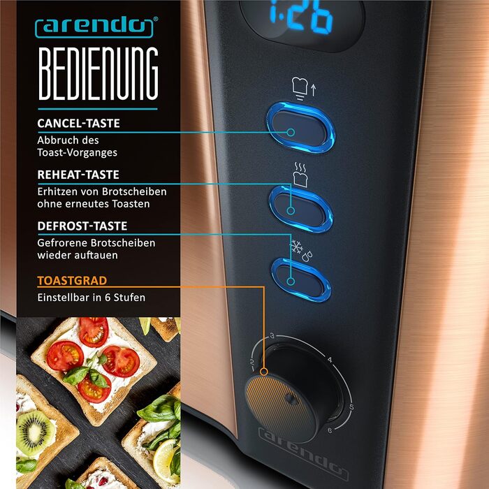 Тостер Arendo Automatik з широкими прорізами, функція розморожування, теплоізоляційне подвійне покриття, вбудований підставка для тостів, висувна шухляда для крихт, сертифікат GS, матеріал: мідь