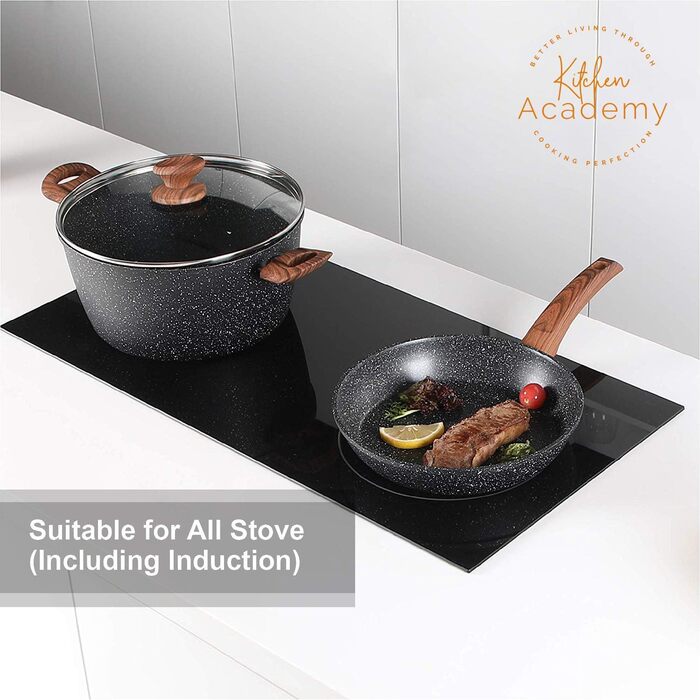 Kitchen Academy Induction Cookware Set, 17-Piece, Cookware Set with Glass Lids, Granite Pots and Pans Set Black 17 PCS Cookware Set Black