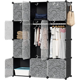 DIY Closet Shelf System, 16 Cubes Wardrobe Closet, Open Wardrobe, Plastic Wardrobe with Doors, Wardrobe Cabinet, Black, 180 x 142 x 37CM (Black 12 Cubes with Clothes Hooks)