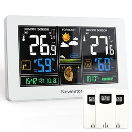 Newentor Weather Station Radio with 3 Outdoor Sensors - Radio Weather Station with Weather Forecast, Temperature Warning, DCF Radio Clock - Battery Powered and Mains Powered, White 1*Station + 3*Outdoor Sensor White
