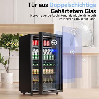 Холодильник для напоїв на 85 літрів з скляними дверцятами та блакитним LED-підсвічуванням, 3 регульовані полиці для соди/пива/вина, ідеальний для дому та вечірок