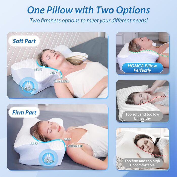 HOMCA Orthopedic Pillow, Neck Pillow, Memory Foam Pillow, Ergonomic Pillow with Soft/Firm Options Available, Removable, for Back, Side, and Stomach Sleepers, 60 * 44 * 13/14.5cm