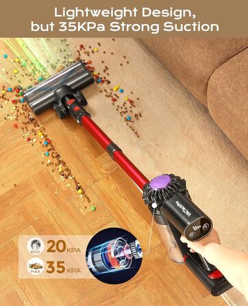Бездротовий акумуляторний пилосос V15, 35KPa, 6-в-1, для твердих підлог та килимів, видалення шерсті тварин (червоний)