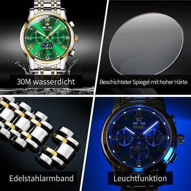 Чоловічий механічний годинник OLEVS з автопідзаводом, золотисто-сріблястий сталевий браслет, зелений циферблат, фаза місяця, водонепроникний, бізнес-клас