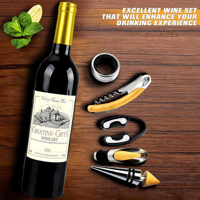 Набір з 5 викруток для вина з форми, аксесуари для вина, подарунковий набір, викрутки сомельє з відкривачем, кришки для пляшок (Золота пляшка 001)
