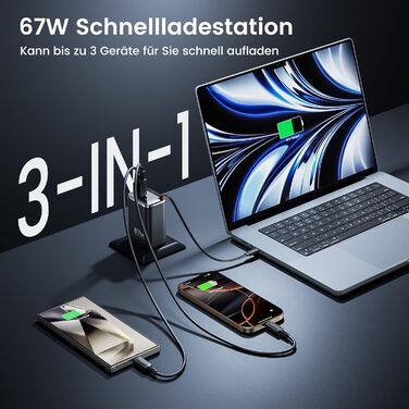 Зарядний пристрій USB-C toocki GaN 67W з LED дисплеєм та вбудованим кабелем для MacBook, iPhone 17 Pro Max, Samsung Galaxy S24 Ultra/S23, Nintendo Switch, ноутбуків та смартфонів - Чорний