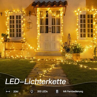 Гірлянда світлодіодна 20 метрів, 200 LED, тепле біле світло, з пультом дистанційного керування, таймером, 8 режимів, IP44, для прикраси саду, балкону, вечірки, весілля, ялинки