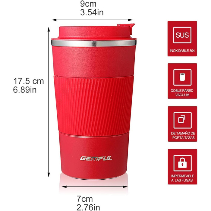 Термокружка з нержавіючої сталі 510 мл GEMFUL для подорожей та дому (червона)