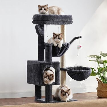 Кігтеточка-кімнатний комплекс Heybly Kratzbaum 100см з платформою, гротою, 2 гамаками та іграшками. Колір: сірий. Модель: HCT006SG