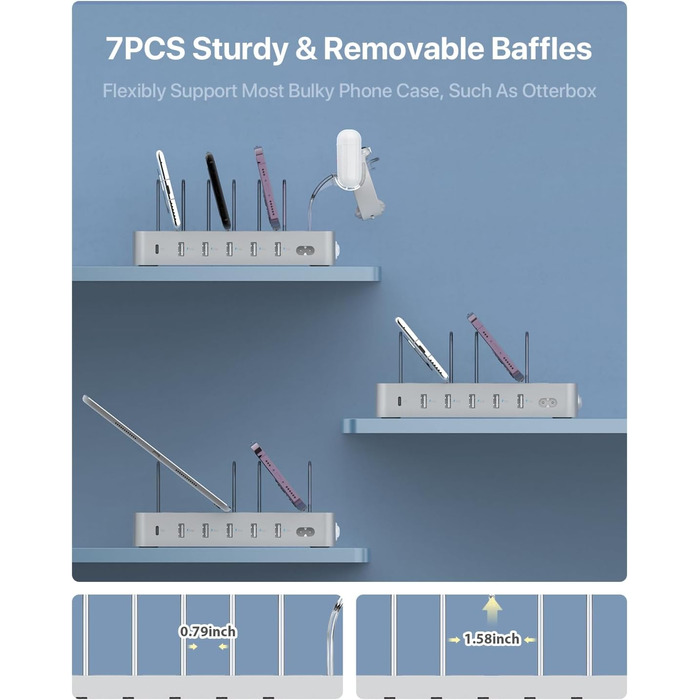 Зарядна станція SooPii USB 60W/12A з 6 портами, органайзер для декількох пристроїв з тримачем для Apple Watch, 6 кабелів в комплекті (срібло)