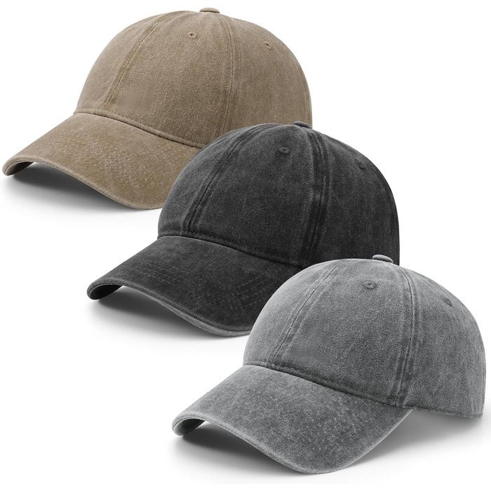 3 бейсболки для чоловіків та жінок, регульовані, бавовна, бейсболка, вінтаж, унісекс, сонцезахисний капелюх, спортивна кепка для активного відпочинку, подорожей (55-60, чорний, світло-сірий, хакі)
