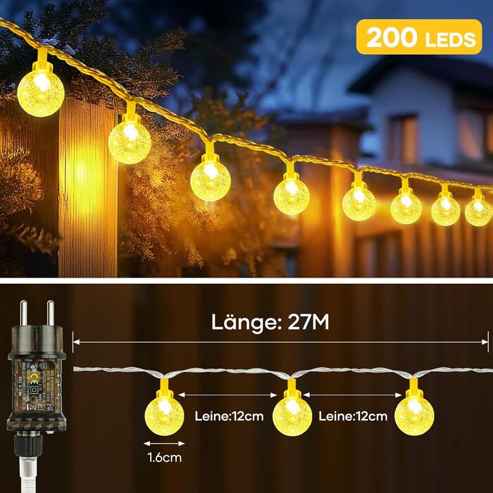 LED ліхтарна гірлянда на батарейках, 27 метрів, тепле біле світло, для дому та саду, IP65, з пультом дистанційного керування, димування, для кімнат, святкування, Різдва