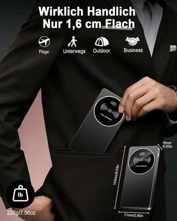 Портативний зарядний пристрій Power Bank Klein 10000mAh з USB-C, 3 порти, сумісний з iPhone 17/16/15/14/13 Pro Max Plus Mini, Android, чорний