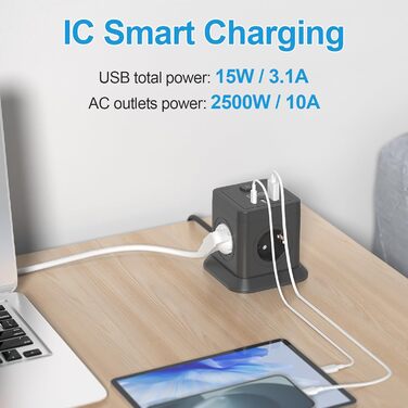 Багатофункціональний мережевий адаптер FDTEK 7-в-1 з USB-C та USB-A, 4 розетки, 2500W/10A, куб з вимикачем, кабель 1.8м, чорний