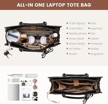 LOVEVOOK Сумка для ноутбука 15.6/17.3 дюйма, жіноча, шкіряна, для роботи/навчання, універсальна, сумка-тоут, шкіряна, чорна