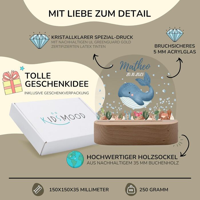 Night light for children with desired name, personalized night lamp dimmable - With a cute animal motif as personalized gifts for children for baptism, birth, Easter & baby gifts (Whale)