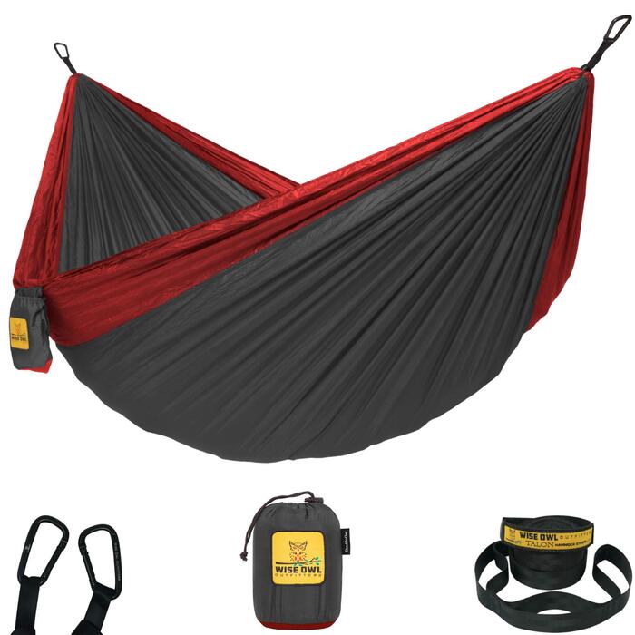 Гамак Wise Owl Outfitters для 1 особи - подвійний, ультралегкий, до 180 кг - антрацит/червоний + кріплення та карабіни