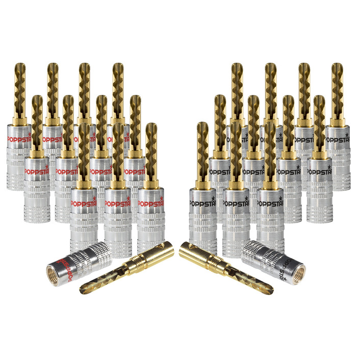 Набір поглибних бананових роз'ємів POPPSTAR (24 шт), 24K золоте напилення, для кабелів до 6мм², червоні та чорні (12+12)