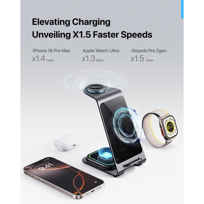 Бездротова зарядка Induktive з підтримкою MagSafe для iPhone 16 Pro/16/16 Pro Max/15 Pro/15/15 Pro Max, Apple Watch 10/Ultra 2/SE/9/8/7/6/5/4/3/2 та AirPods 4/3/2/Pro (сіра)