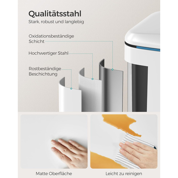 SONGMICS Відро для сміття 40 л з 2 відсіками (2 x 20 л), з педаллю, з металу, з пластиковим внутрішнім відром, з кришкою та ручками, Softclose, герметичне, біле LTB40WT