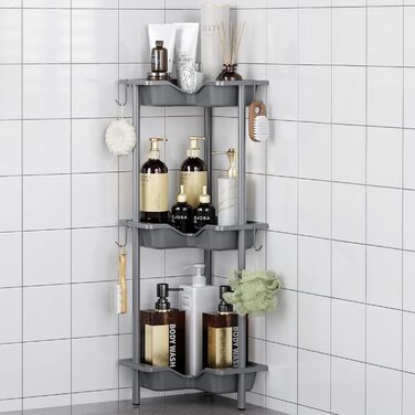 Поличка для душу OriwarE без свердління, кутова, 3 яруси, з гачками, з нержавіючої сталі, сіра