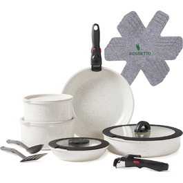 Набір каструль та сковорідок Rossetto 17 предметів з антипригарним покриттям, кераміка, індукційний, для дому та подорожей, знімні ручки, без PFOA та STONE