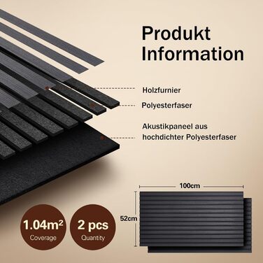 Акустичні панелі з дерев'яного шпону самоклеючі, набір 2 шт (100x52 см), звукопоглинаючі стінові панелі для шумоізоляції та декору вітальні, офісу (Чорний)