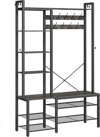 VASAGLE Coat Rack with Shoe Bench, Wardrobe, 5 Shelf Levels made of Particleboard, 9 Triple Hooks, 6 Side Hooks, 40 x 120 x 190 cm, Stone Grey-Ink Black HSR426B04