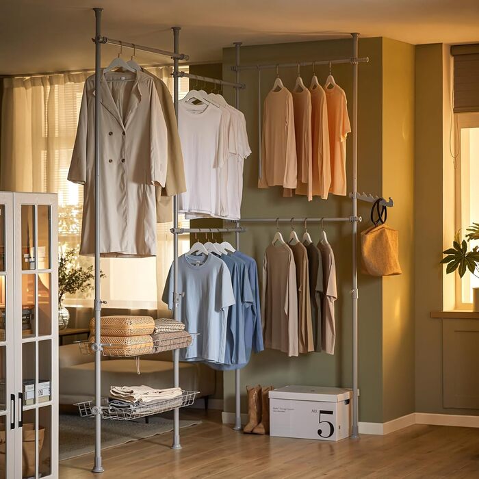 SoBuy KLS04-SCH Telescopic Clothes Rail with 5 Clothes Rails and 2 Baskets Telescopic Wardrobe System Adjustable Shelf System B (209-311) x H (200-285) cm (Light Grey)