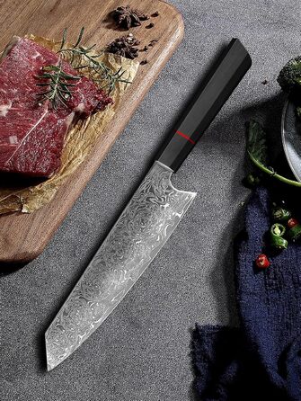 Японський ніж шеф-кухаря Plys Damast: професійний кухонний ніж з дамаської сталі, чорний дерев'яний руків'я (ніж Кіріцуке)