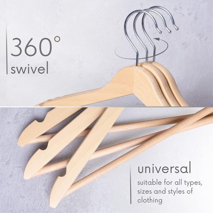 Дерев'яні вішалки для одягу OGIVO – набір 20 шт. з обертовим гачком та вирізами на плечах (натуральне дерево)