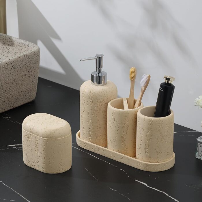 Набір аксесуарів для ванної кімнати, 5 предметів: тримач для щітки, пасти, мильниця та інше. Дерев'яний набір для ванної кімнати