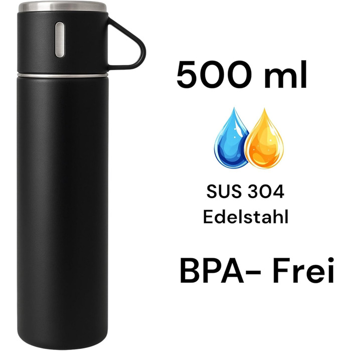 Термофляга 500 мл з нержавіючої сталі – 2 чашки з ручкою – без витоку, BPA-free – з щіткою для чищення – колір: чорний