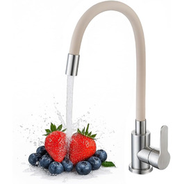 Кран кухонний з гнучким шлангом 360°, високий тиск, поворотний, нержавіюча сталь, бежевий
