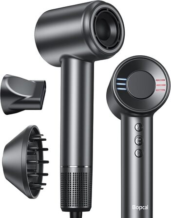 Іонізатор волосся Bopcal, 160000 об/хв, 500 млн іонів, з насадкою-дифузором, професійний фен для дому, салону, подорожей, 12 режимів, чорний