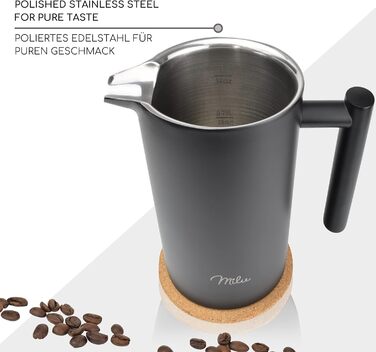 Milu French Press Coffee Maker | 350ml, 600ml, 1L | Stainless Steel Coffee Press, Coffee Maker for Home, Travel, Camping including Coaster, Spoon, Replacement Filters (Black, 1000ml (5 Cups) Black 1000ml (5 Cups)