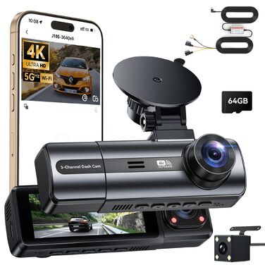 Автомобільний відеореєстратор 4K (передній та задній камери) з Hardwire Kit для постійного живлення, чорний