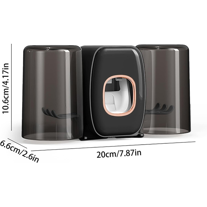 Настінний тримач для зубних щіток з автоматичним дозатором пасти, електричний для 4 щіток, 2 стаканчики, без свердління (чорний)