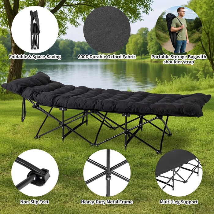 Ліжко похідне розкладне LEADZM з матрацом, 190x71x36 см, сталевий каркас, для кемпінгу, туризму та дому, чорне